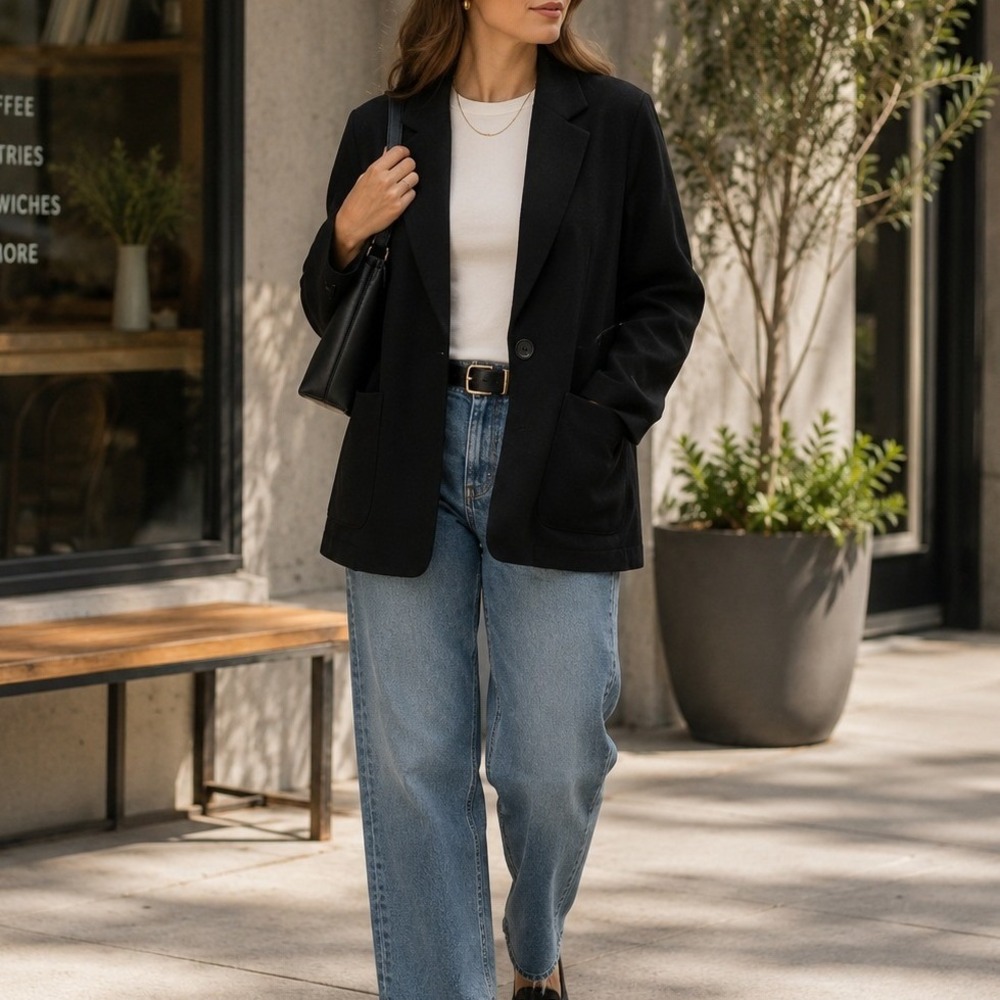 Max Studio London L Black Oversized Boyfriend Blazer Knit Jacket Pockets Modern